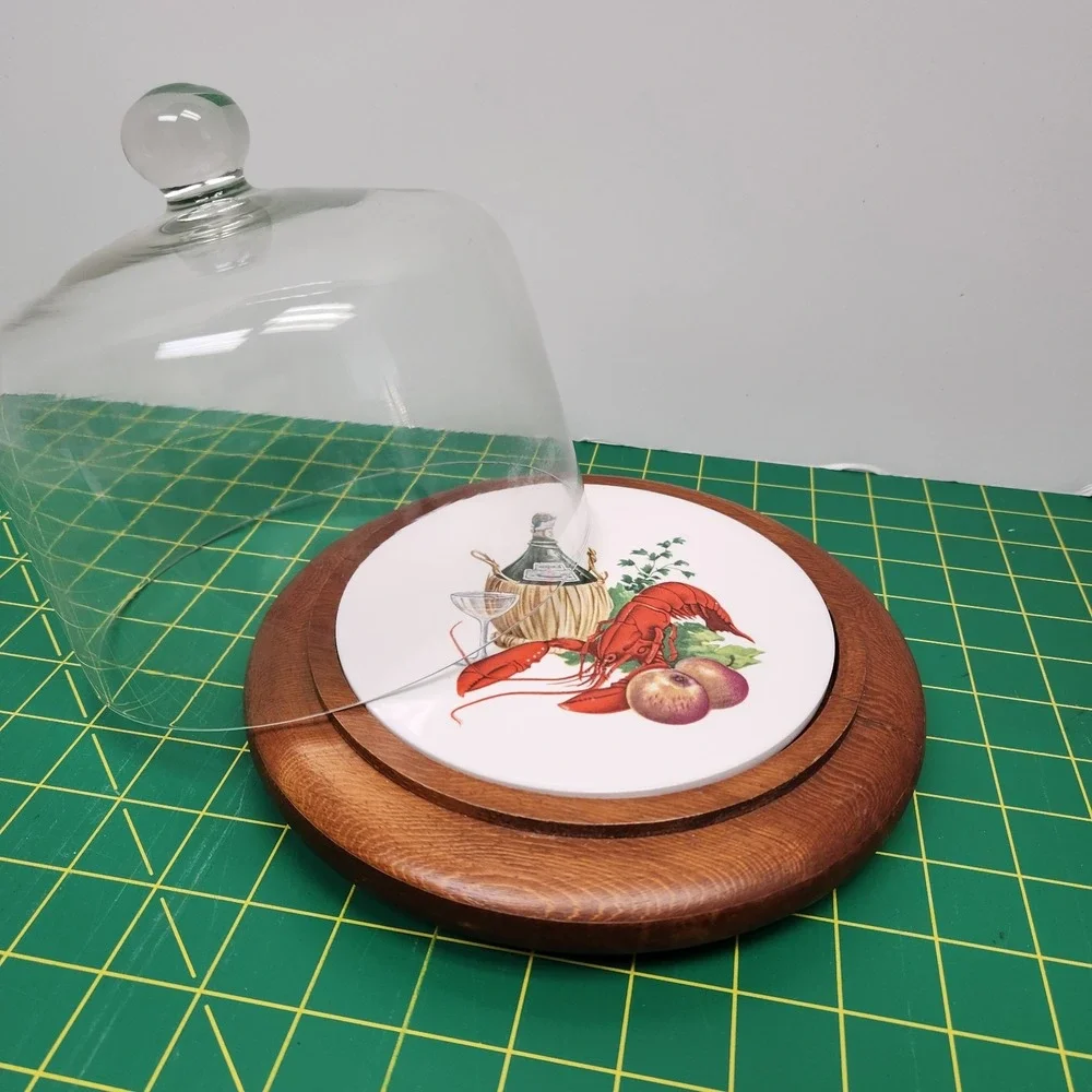 1970s Vtg Good wood Teak Flawed  Cheese Tray Glass Dome Cloche Wine Lobster